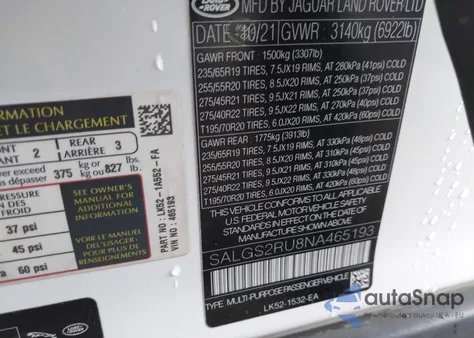 2022 Land Rover Range Rover Westminster z USA, uszkodzony, nr VIN SALGS2RU8NA465193